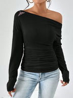 Damen Off-Shoulder Langarmshirt mit Raffung R&B