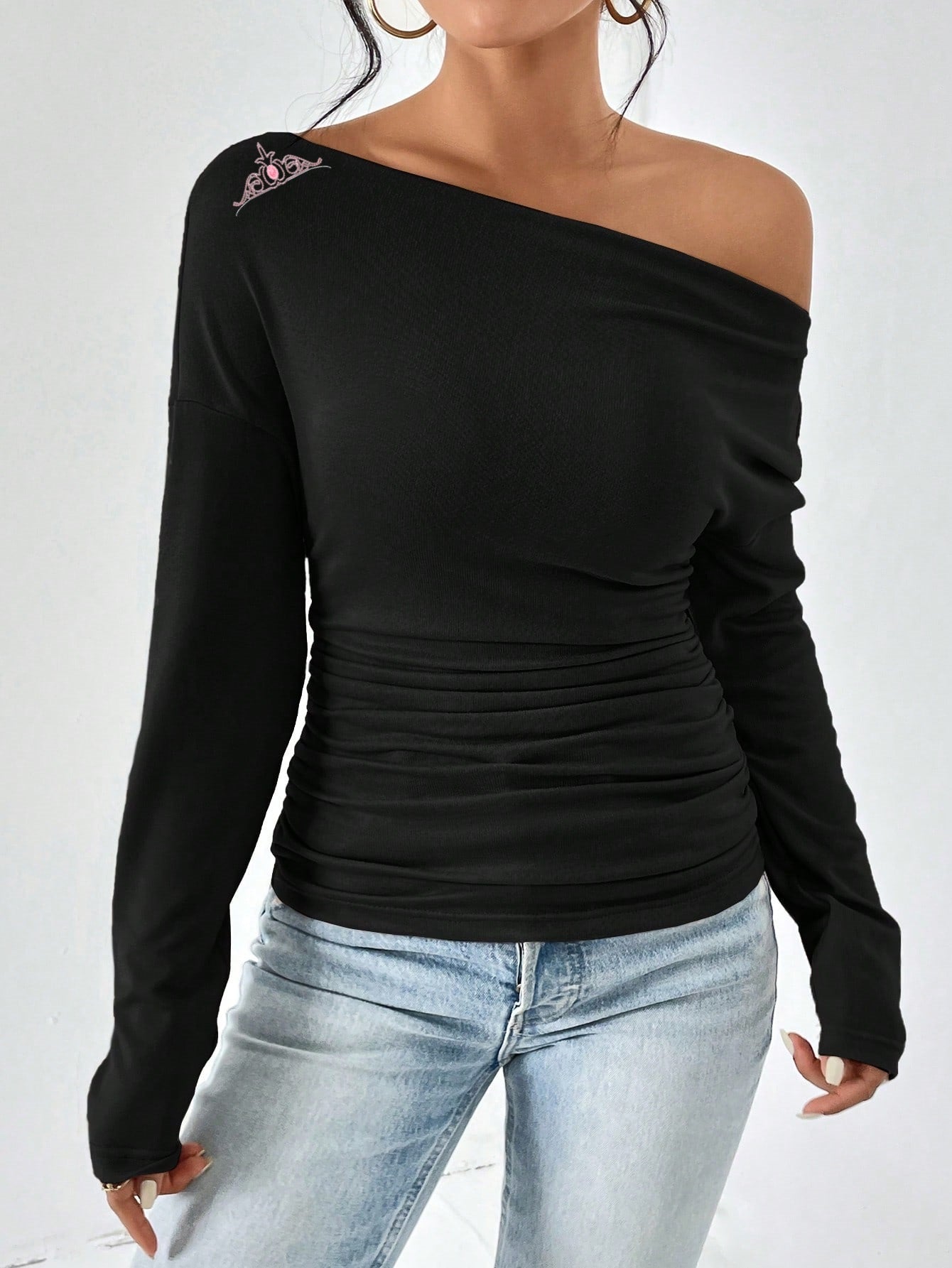 Damen Off-Shoulder Langarmshirt mit Raffung R&B