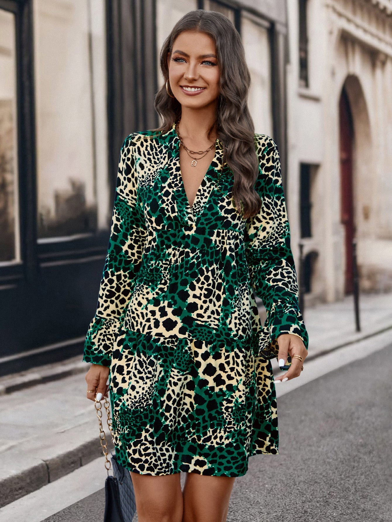 Damen Kurzarm-Kleid mit einzigartigem Tiermuster R&B