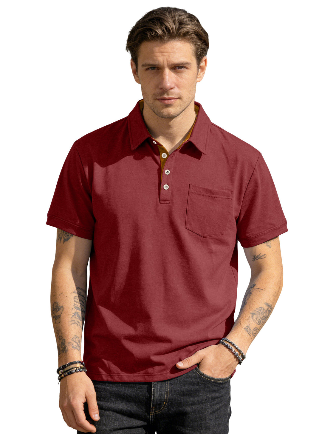Herren nan Kurzarm-Polokragen-Shirt aus texturiertem Jersey mit Brusttasche und kontrastierter Knopfleiste R&B