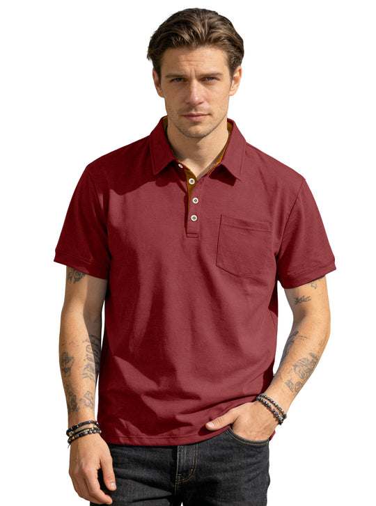 Herren nan Kurzarm-Polokragen-Shirt aus texturiertem Jersey mit Brusttasche und kontrastierter Knopfleiste R&B