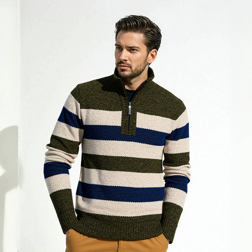 Herren Pullover mit hohem Kragen und strukturiertem Streifenmuster R&B