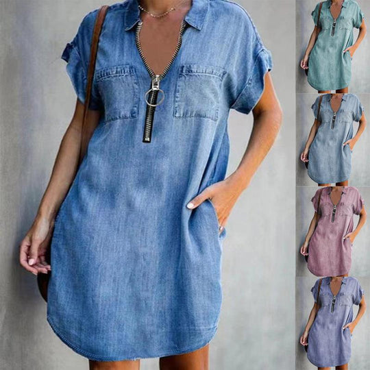 Damen Jeanshemdkleid mit praktischen Taschen und modernem Reißverschluss R&B