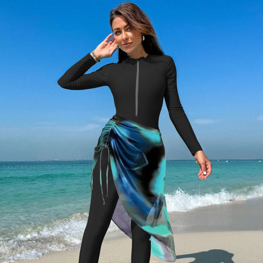 Damen Sportlicher Langarm-Schwimmanzug mit Wickeldesign R&B