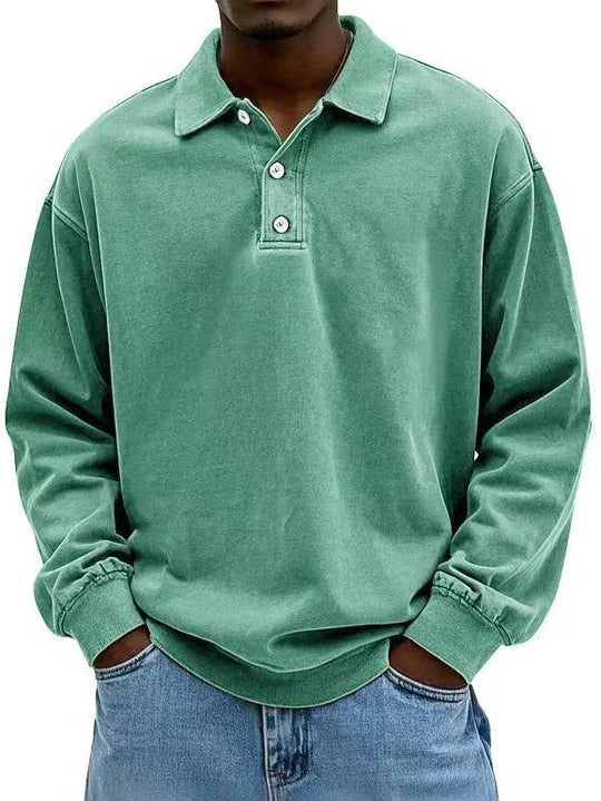 Herren nan lässiges Poloshirt-Sweatshirt mit Kragen, Vintage-Waschung und dreiteiliger Knopfleiste R&B