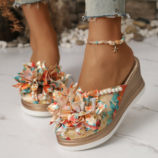 Damen Wedge-Pantoletten mit floralem Design und eleganten Perlenakzenten R&B