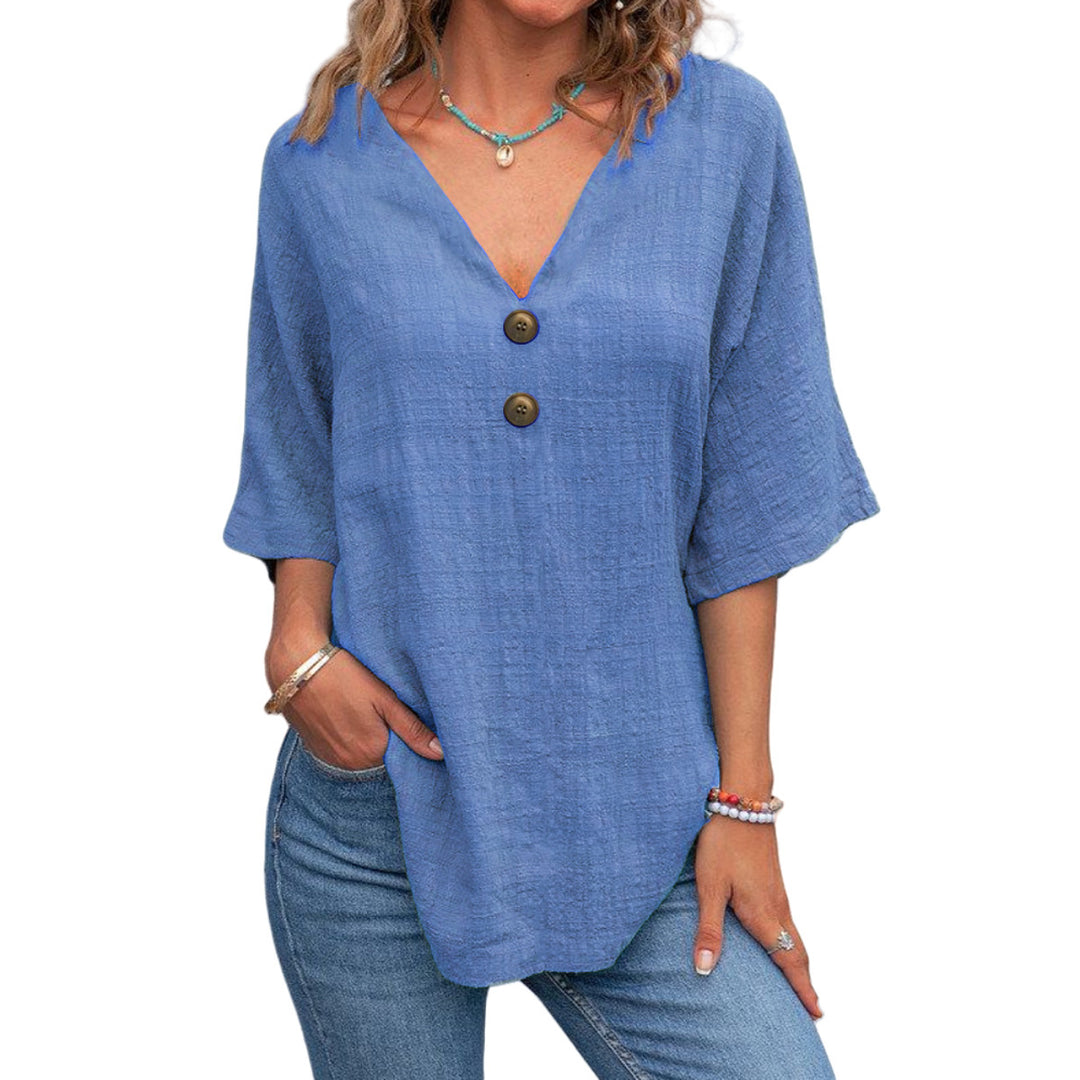 Damen V-Ausschnitt Bluse mit dekorativen Knöpfen und lässigem Schnitt R&B