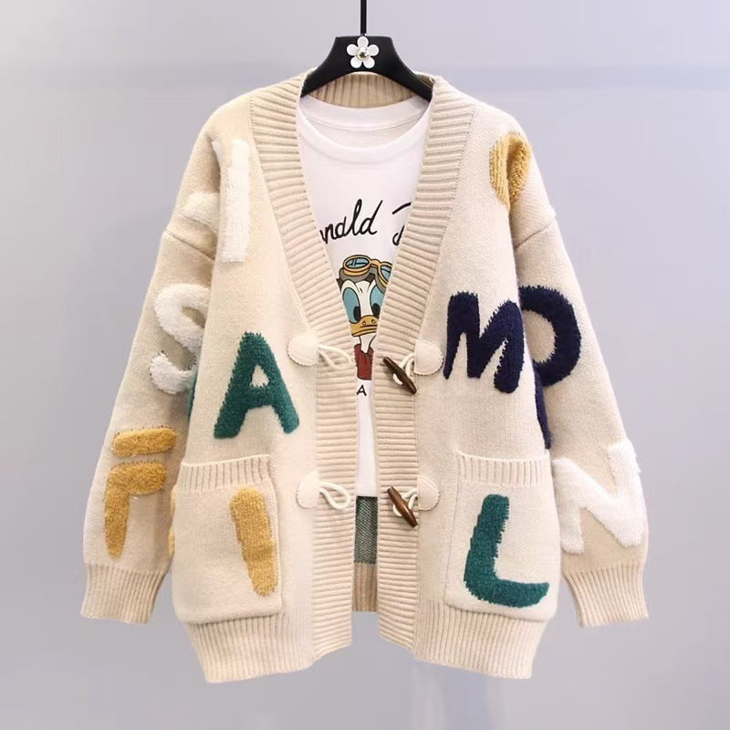 Damen Grobstrick-Cardigan mit bunten Applikationen und großen Taschen R&B