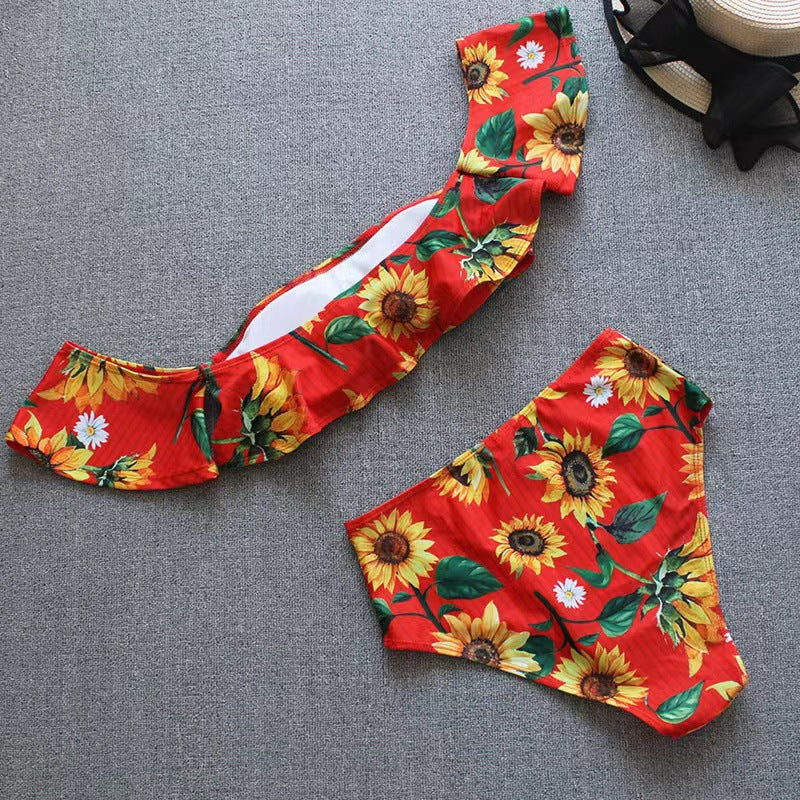 Damen Bikini-Set mit floralem Rüschendesign und hohem Taillenslip R&B
