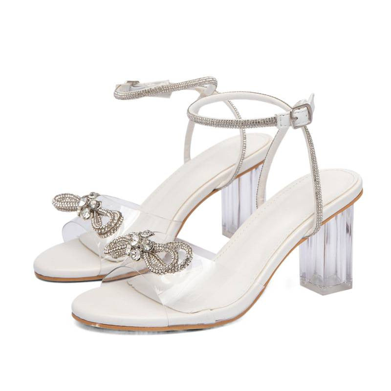 Damen glamouröse Sandalen mit glitzerndem Riemchen und transparentem Absatz R&B