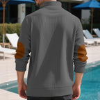 Herren nan Rippstrick-Halbknopf-Pullover mit Kentkragen und Lederbesatz R&B
