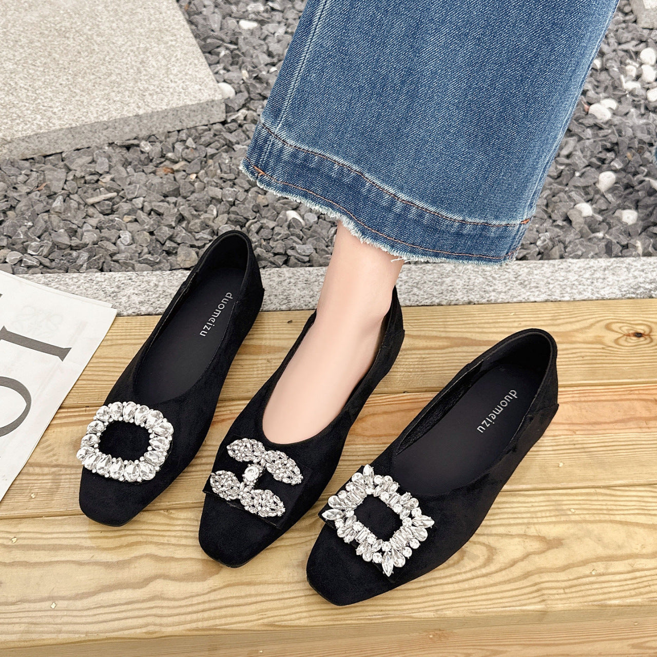 Damen Ballerinas mit luxuriösem Strassbesatz und elegantem Samtoberteil R&B