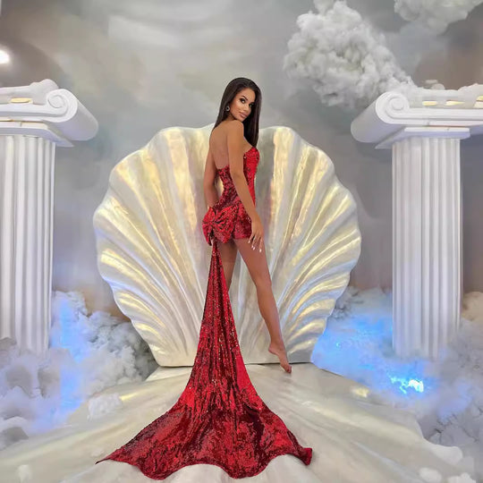 Damen Glitzerndes Abendkleid mit Schleppe und trägerlosem Design R&B