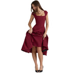 Damen Midi-Kleid mit quadratischem Ausschnitt und weit schwingendem Rock R&B