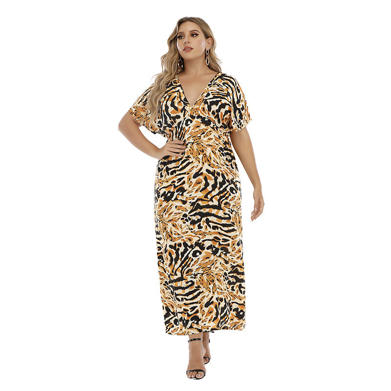 Damen Maxikleid mit kreativem Animalprint und V-Ausschnitt R&B