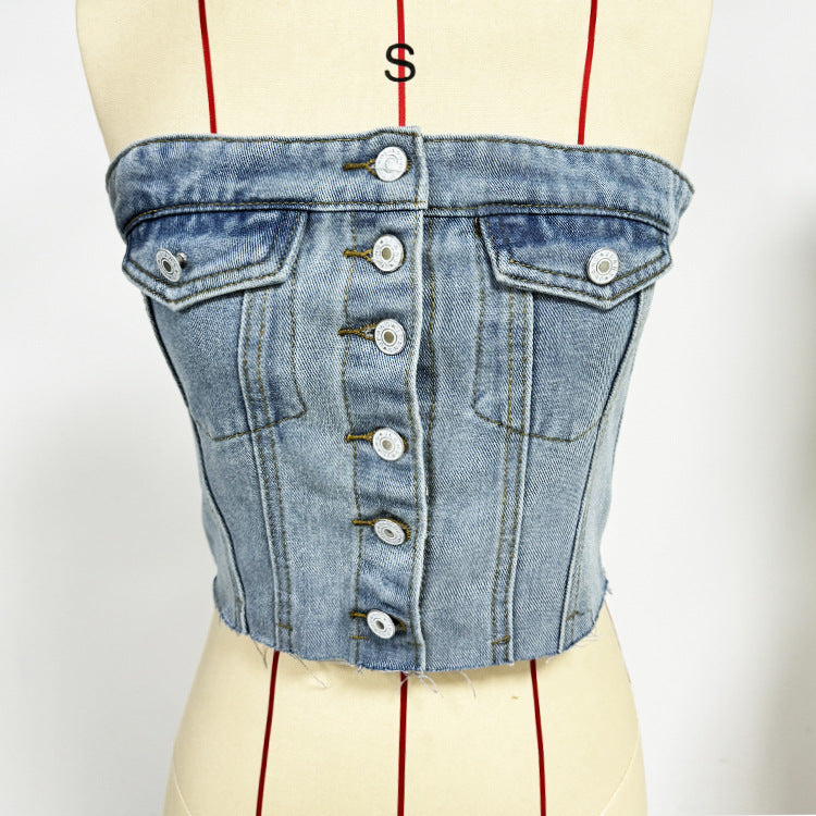 Damen Denim Bustier-Top mit Knopfleiste und figurbetontem Schnitt R&B