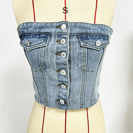 Damen Denim Bustier-Top mit Knopfleiste und figurbetontem Schnitt R&B