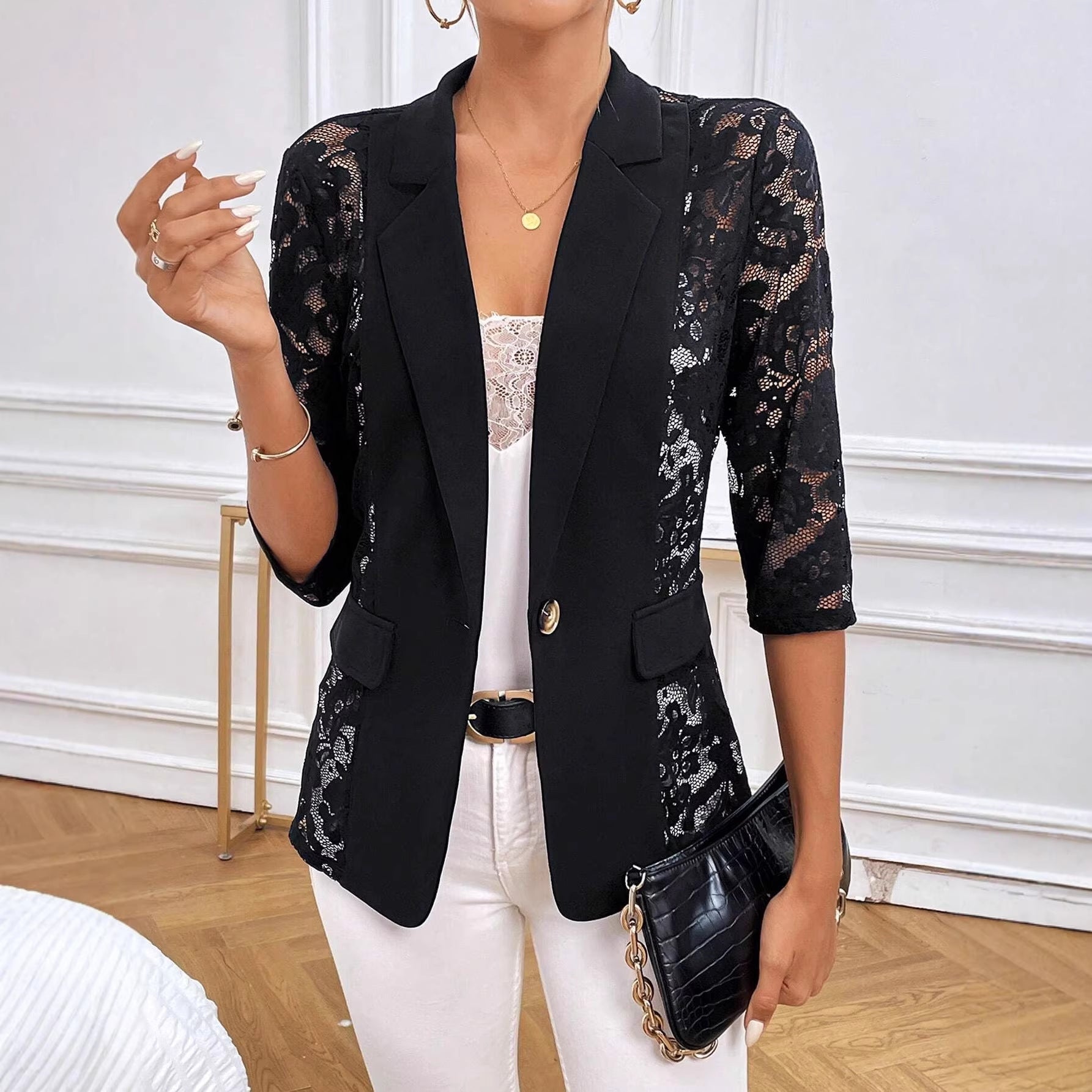 Damen nan taillierter Longblazer mit Spitzeneinsätzen und Reverskragen R&B