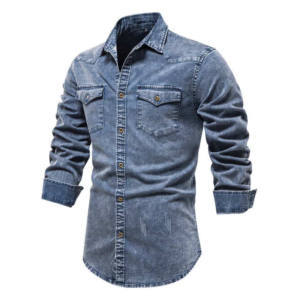Herren Denim Hemdbluse mit zwei Brusttaschen und geschmackvollen Stickereien