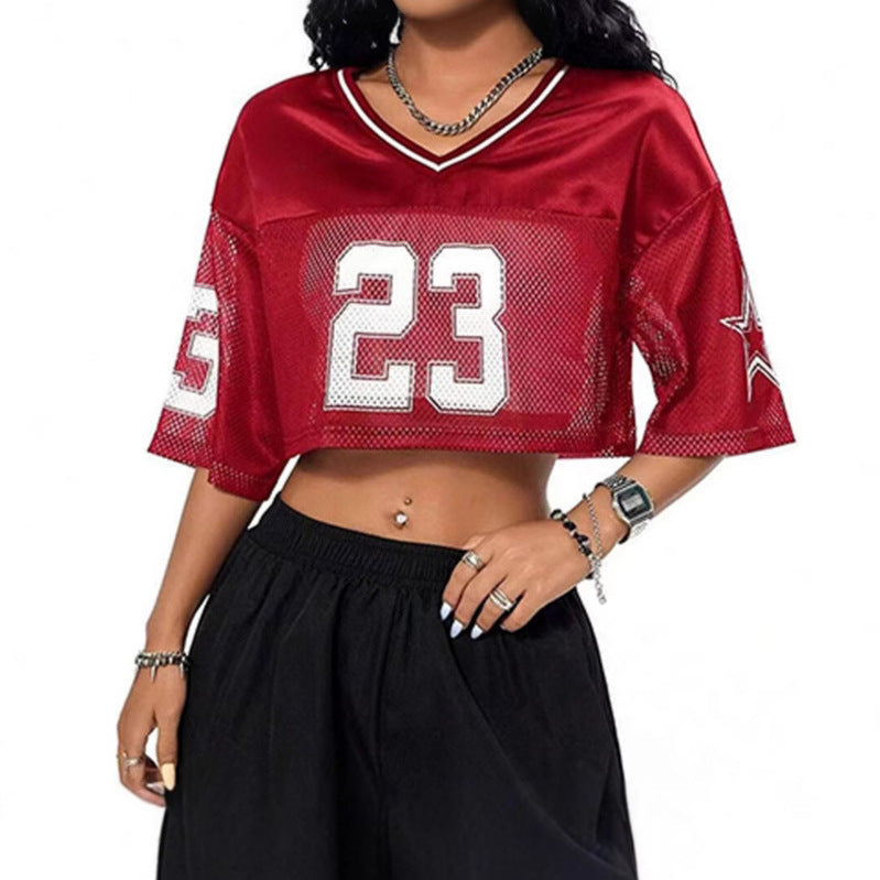 Damen sportliches Crop-Top aus atmungsaktivem Mesh-Material mit Nummer CD-R&B