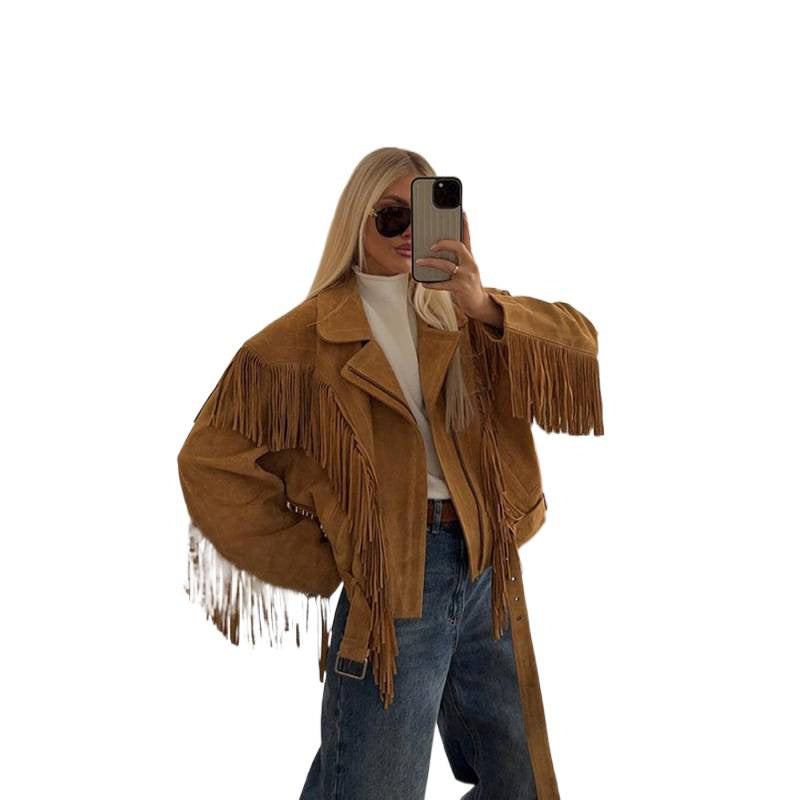 Damen Wildlederjacke mit Fransen und großzügigen Ärmeln R&B