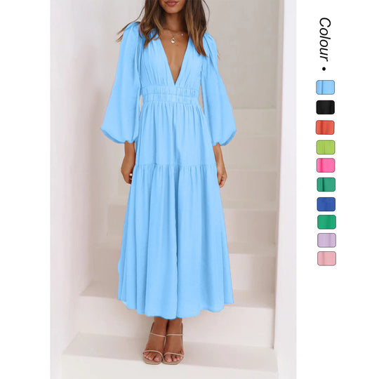 Damen Langarm Maxikleid mit tiefem V-Ausschnitt und weitem Rock R&B