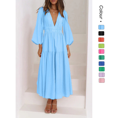 Damen Langarm Maxikleid mit tiefem V-Ausschnitt und weitem Rock R&B