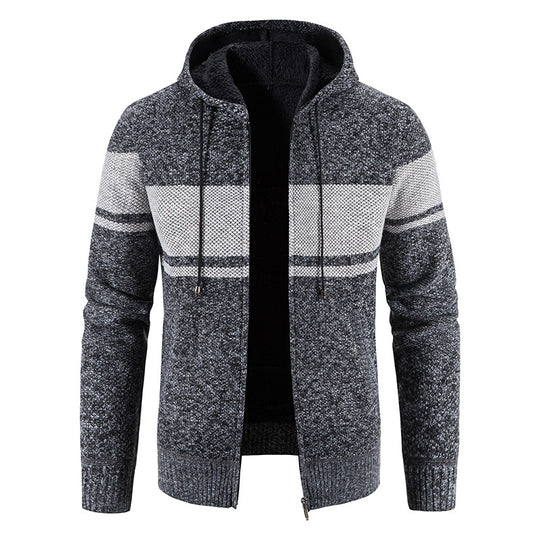 Herren Strickjacke mit Kapuze und warmem Fleece-Innenfutter R&B