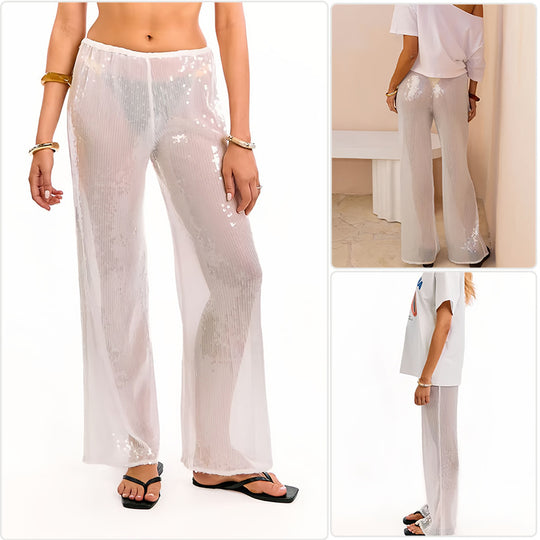 Damen Elegante Pailletten-Hose mit transparentem Chiffon und weitem Schnitt R&B