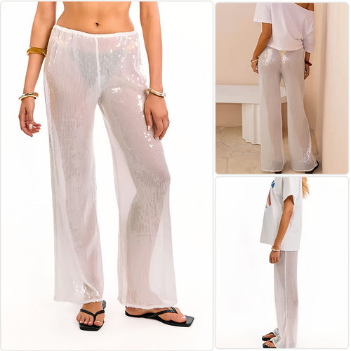 Damen Elegante Pailletten-Hose mit transparentem Chiffon und weitem Schnitt R&B