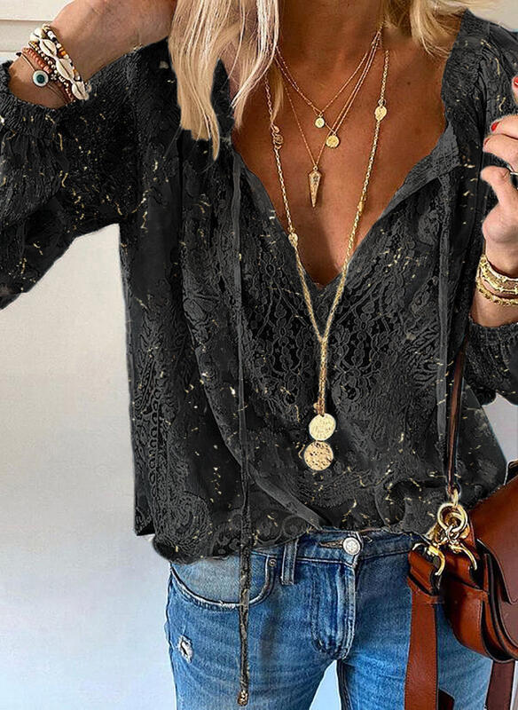 Damen Elegante und feminine Bluse mit V-Ausschnitt und Spitzenakzenten