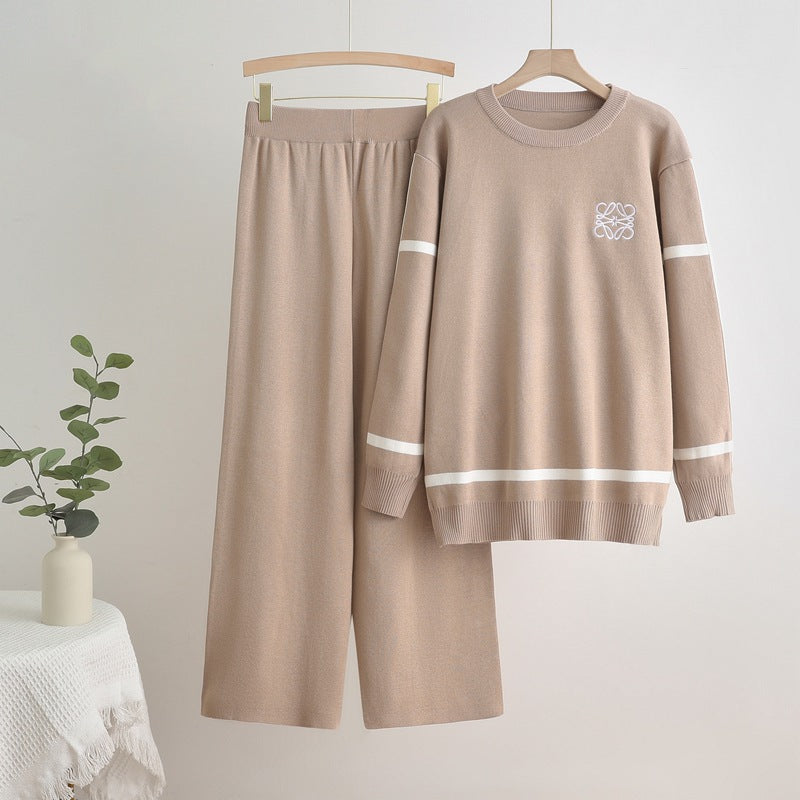 Damen modisches Freizeit-Loungewear-Set mit breiten Beinen und dezentem Logo R&B