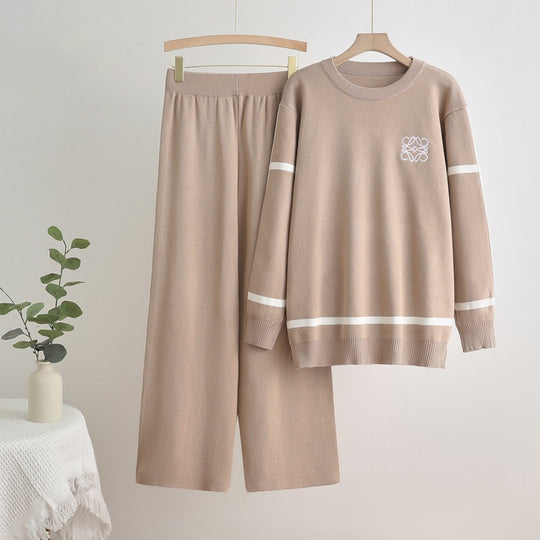 Damen modisches Freizeit-Loungewear-Set mit breiten Beinen und dezentem Logo R&B
