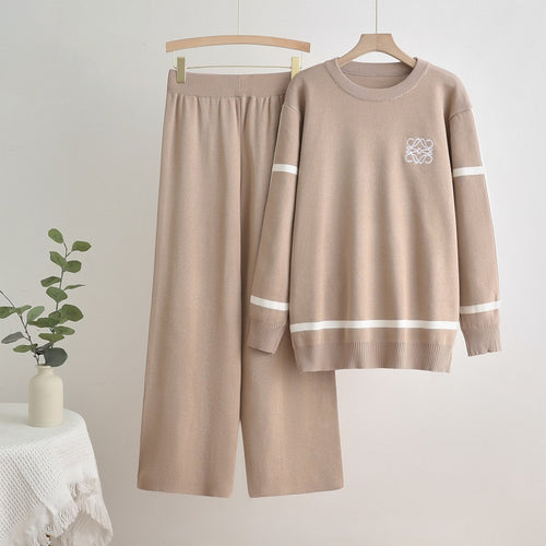 Damen modisches Freizeit-Loungewear-Set mit breiten Beinen und dezentem Logo R&B