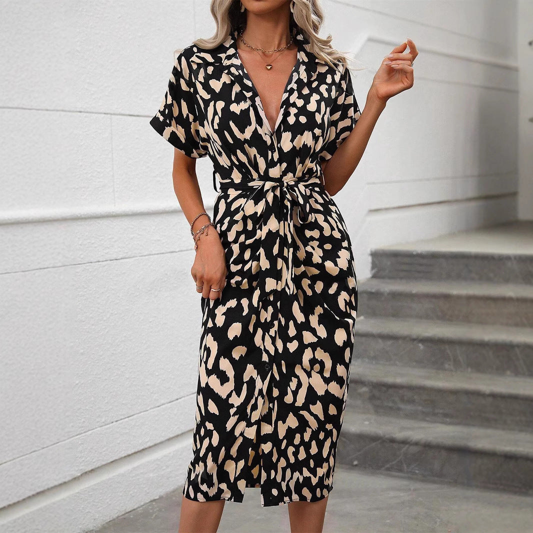 Damen elegantes Hemdblusenkleid mit Wickelgürtel und seitlichem Schlitz R&B