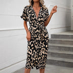 Damen elegantes Hemdblusenkleid mit Wickelgürtel und seitlichem Schlitz R&B