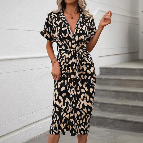 Damen elegantes Hemdblusenkleid mit Wickelgürtel und seitlichem Schlitz R&B