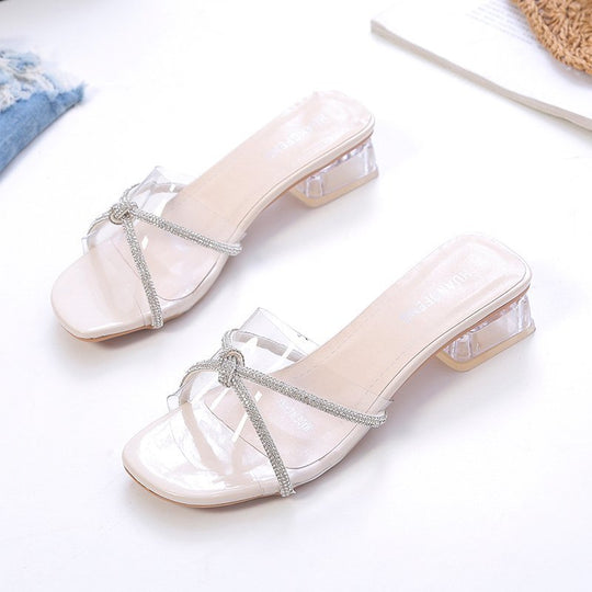 Damen elegante Sling-Sandalen mit transparenten Riemen und funkelndem Akzent R&B