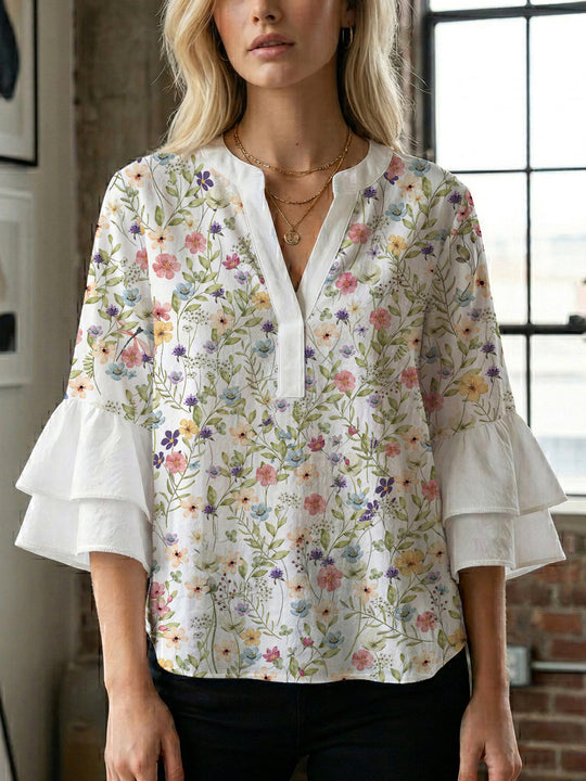 Damen Bluse mit voluminösen Ärmeln und floralem Design R&B