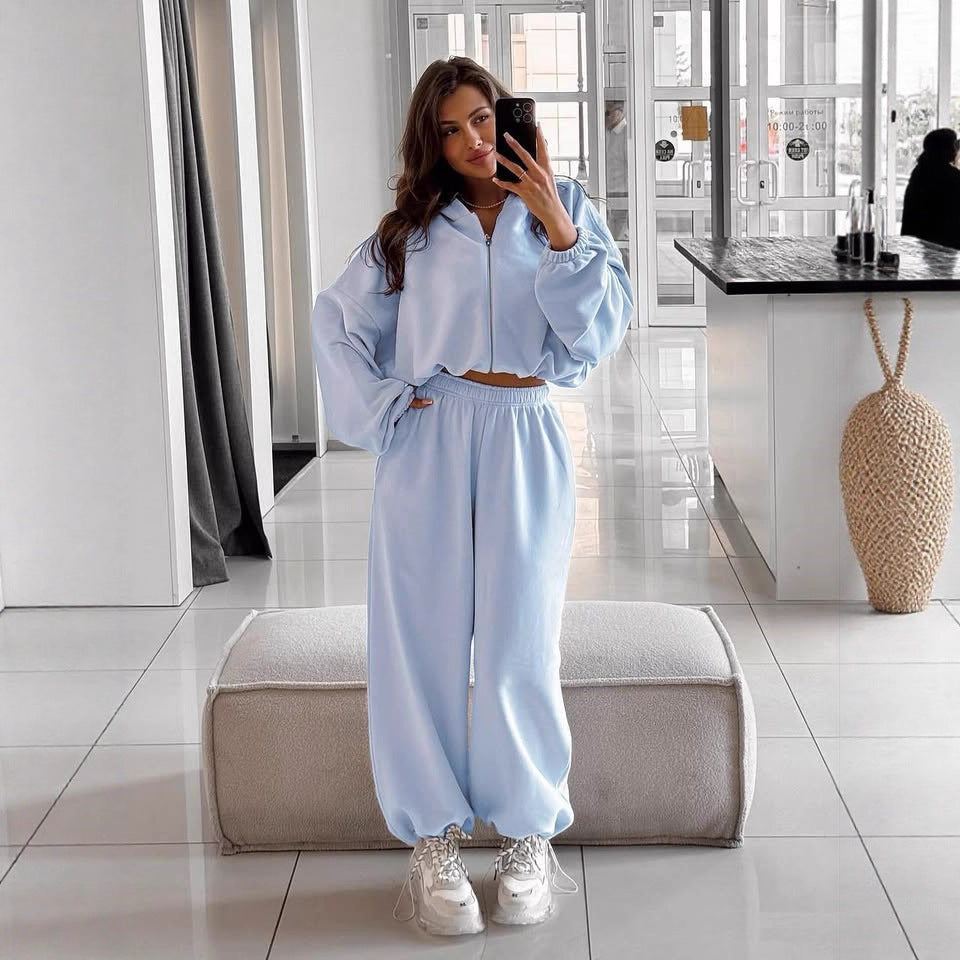 Damen nan oversized Kapuzenjacke mit durchgehendem Reißverschluss und Highwaist Gummibund-Jogginghose Set R&B