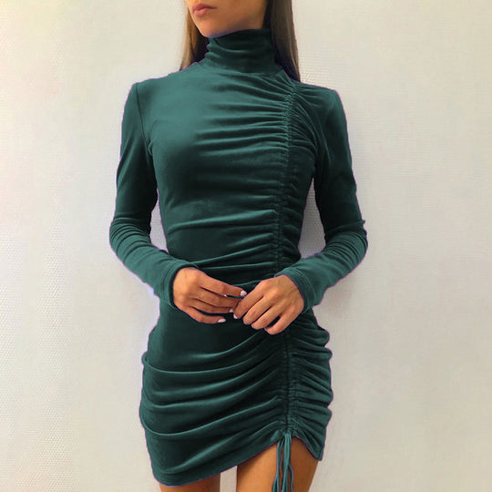 Damen elegantes Samt-Minikleid mit hohem Kragen und raffiniertem Raffungseffekt R&B