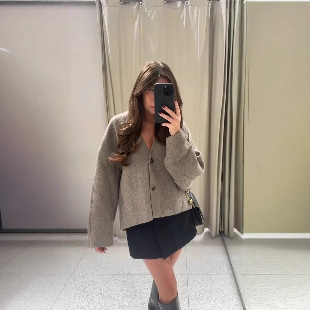 Damen modische Wolljacke mit elegantem Kragen und praktischen Taschen R&B
