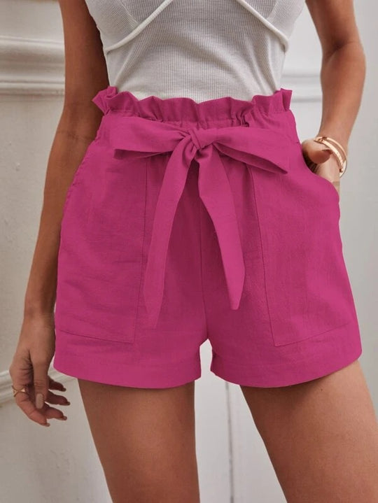 Damen Leichte Leinen-Shorts mit dekorativem Bindegürtel und elastischem Bund R&B