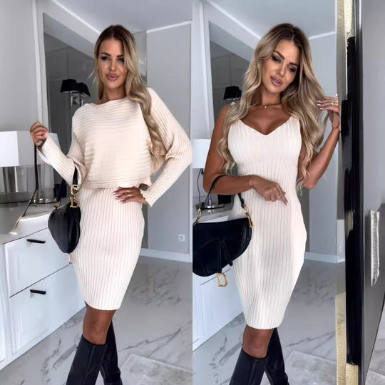 Damen figurbetontes Rippshirt-Kleid mit elegantem Ausschnitt R&B