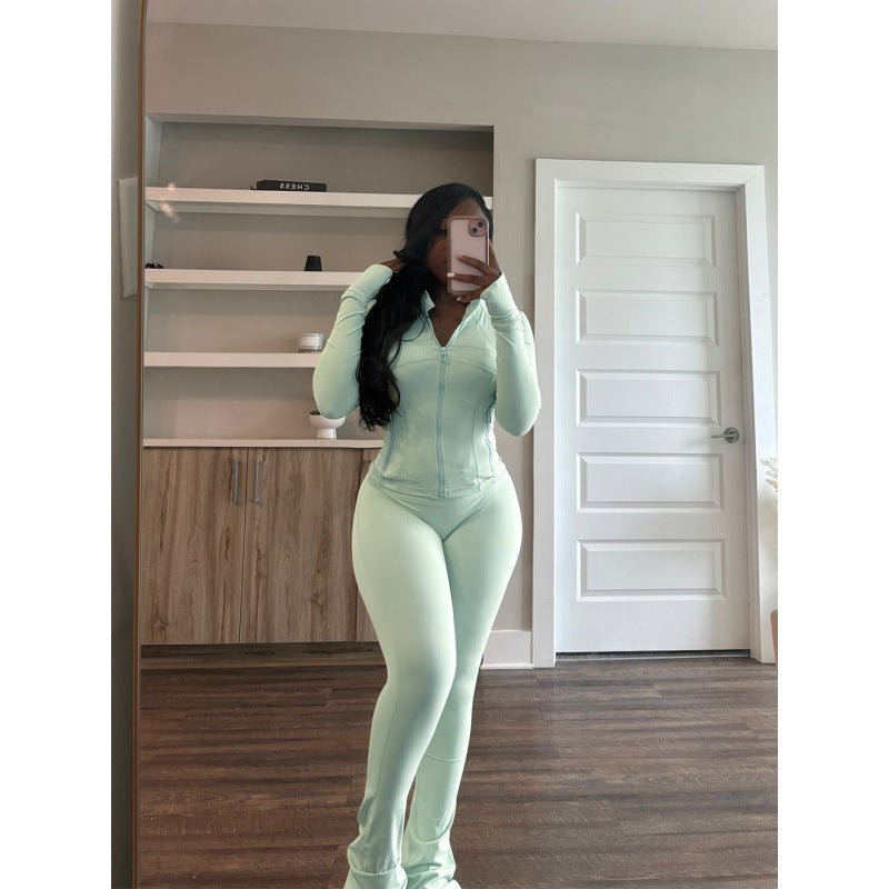 Damen figurbetonender Jumpsuit mit Hochkragen und durchgehendem Reißverschluss R&B