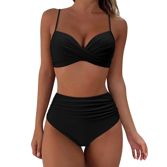 Damen Hochtailliertes Bikini-Set mit floralem Oberteil und gerafftem Höschen R&B
