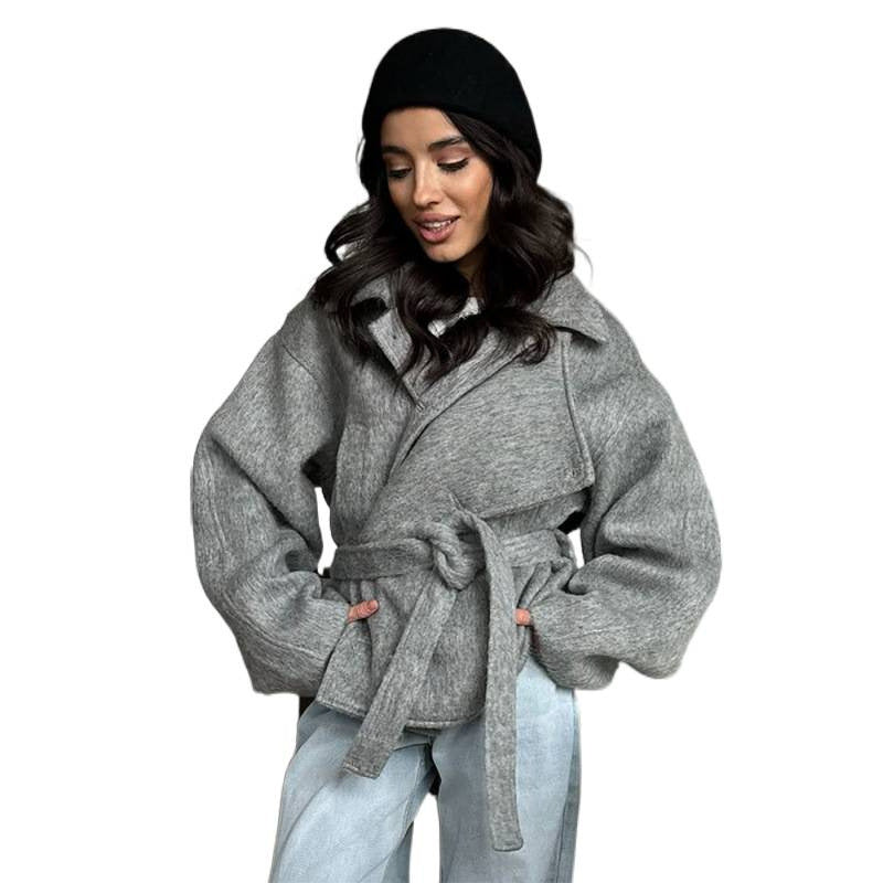 Damen Oversized Wolljacke mit modischem Gürtel und praktischem Knopfdetail R&B