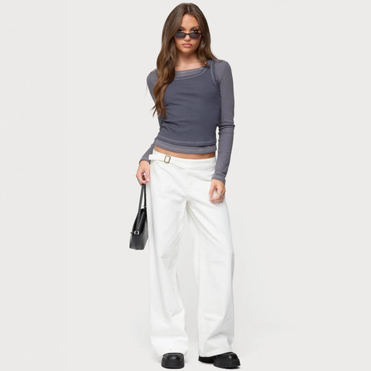 Damen Langarm-Crop-Top mit modischem Farbkontrast und nahtloser Verarbeitung R&B