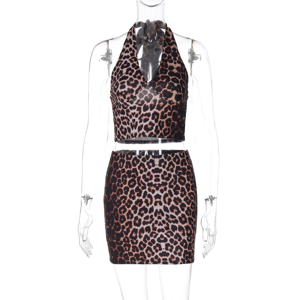 Damen Leo-Muster Crop Top und Minirock Set R&B