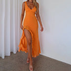 Damen Maxikleid mit tiefem V-Ausschnitt und asymmetrischem Rüschensaum R&B